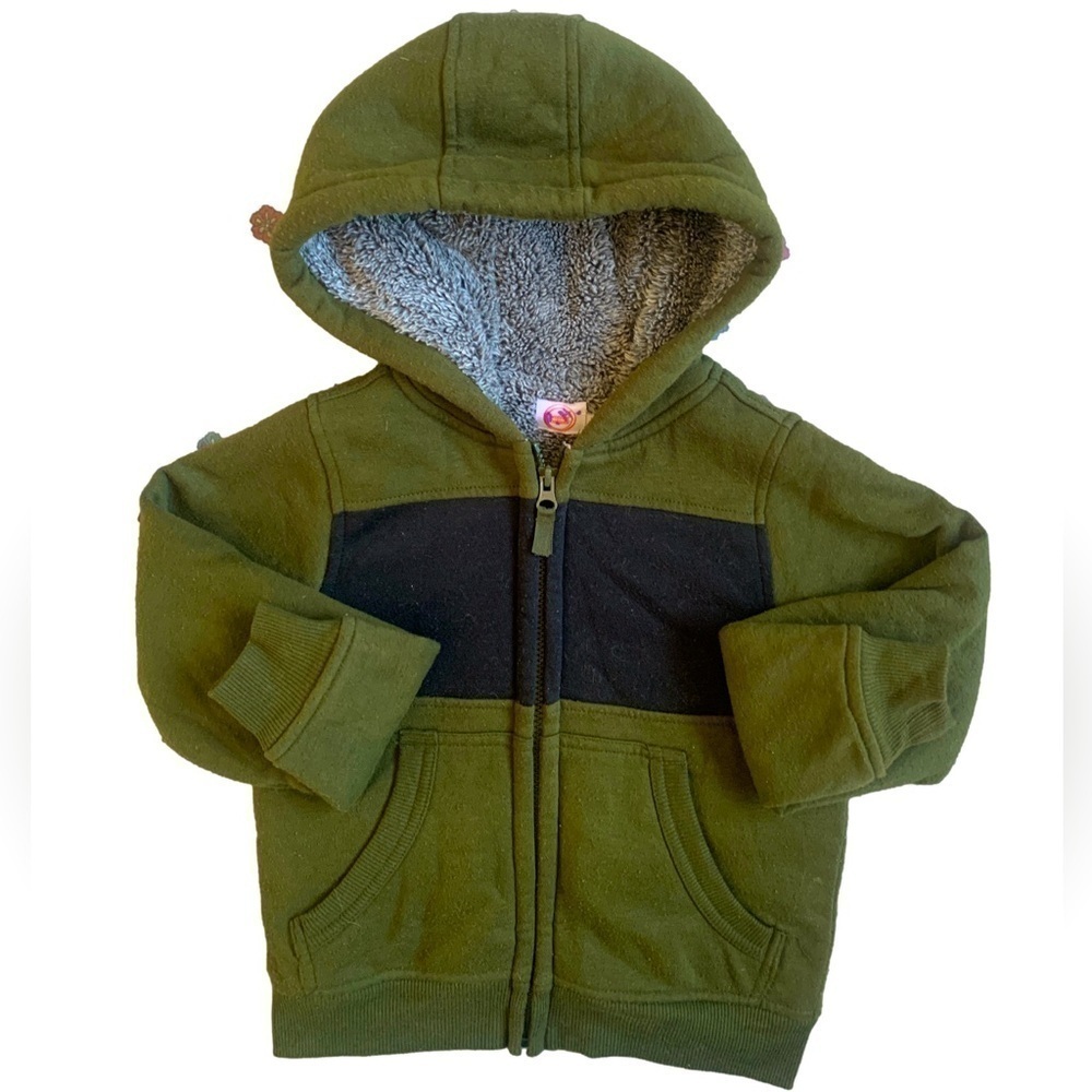 Wonder Nation Black & Green Interlined Hooded Jacket with Sherpa